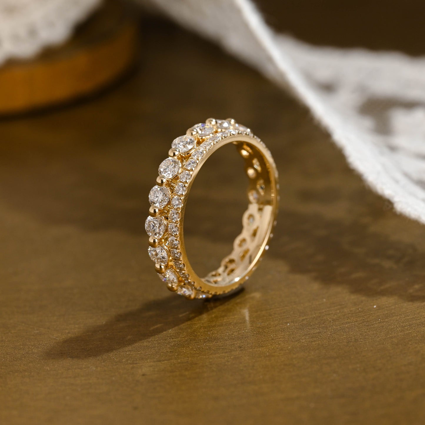 SquareJewelry women's wedding ring Solid Gold Double Row Round Moissanite Wedding Band